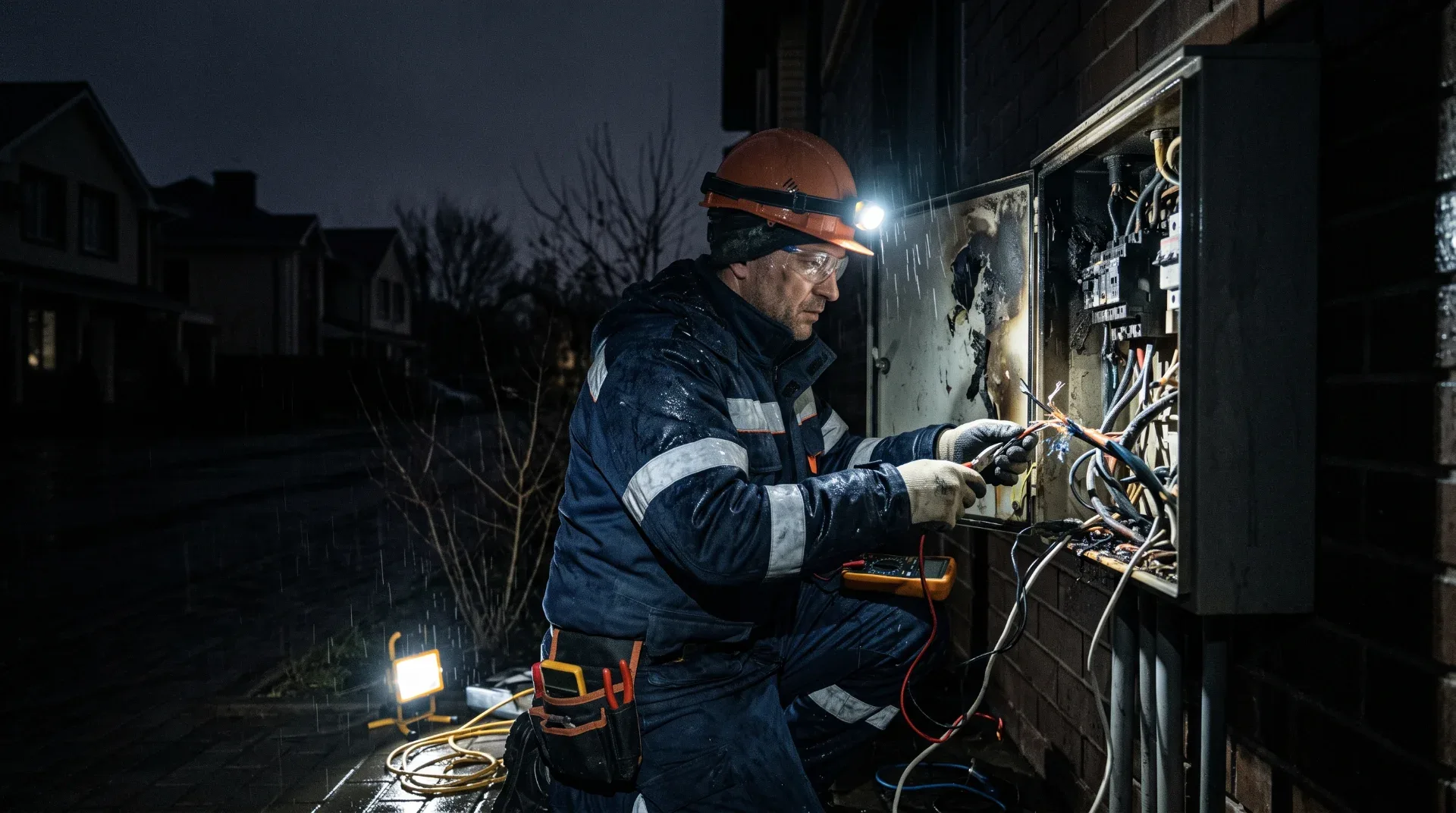 Emergency electrician inspecting commercial electrical panel in Vaughan
