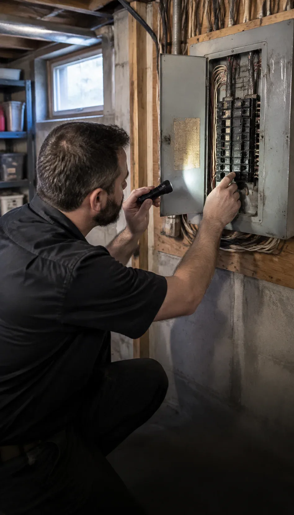 Commercial electrician inspecting electrical panel in Vaughan